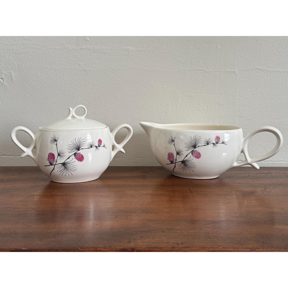Vintage Canonsburg Pottery Wild Clover Ceramic Cream and Sugar Pink Thistle